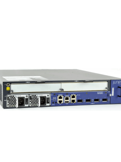 Juniper MX80 Router chassis with 2 MIC slots, 4x10GE XFP built-in ports, AC power supply, Fan Tray w/Filter