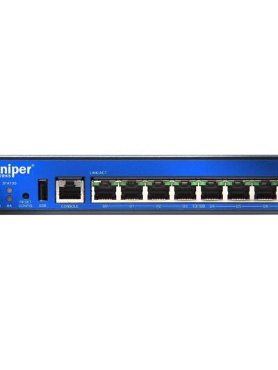 Juniper SRX100 Services Gateway with 8xFE ports and base memory (On-board 1 GB RAM with 512 MB accessible, 1 GB flash)