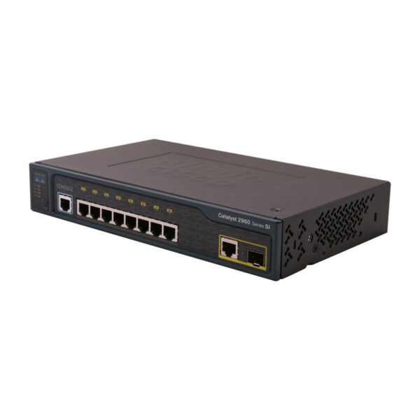 Cisco Catalyst 2960 8 10/100 Ethernet ports, 1 dual-purpose uplink (dual-purpose uplink port has 1 10/100/1000 Ethernet port and 1 SFP-based Gigabit Ethernet port, 1 port active), LAN Lite software